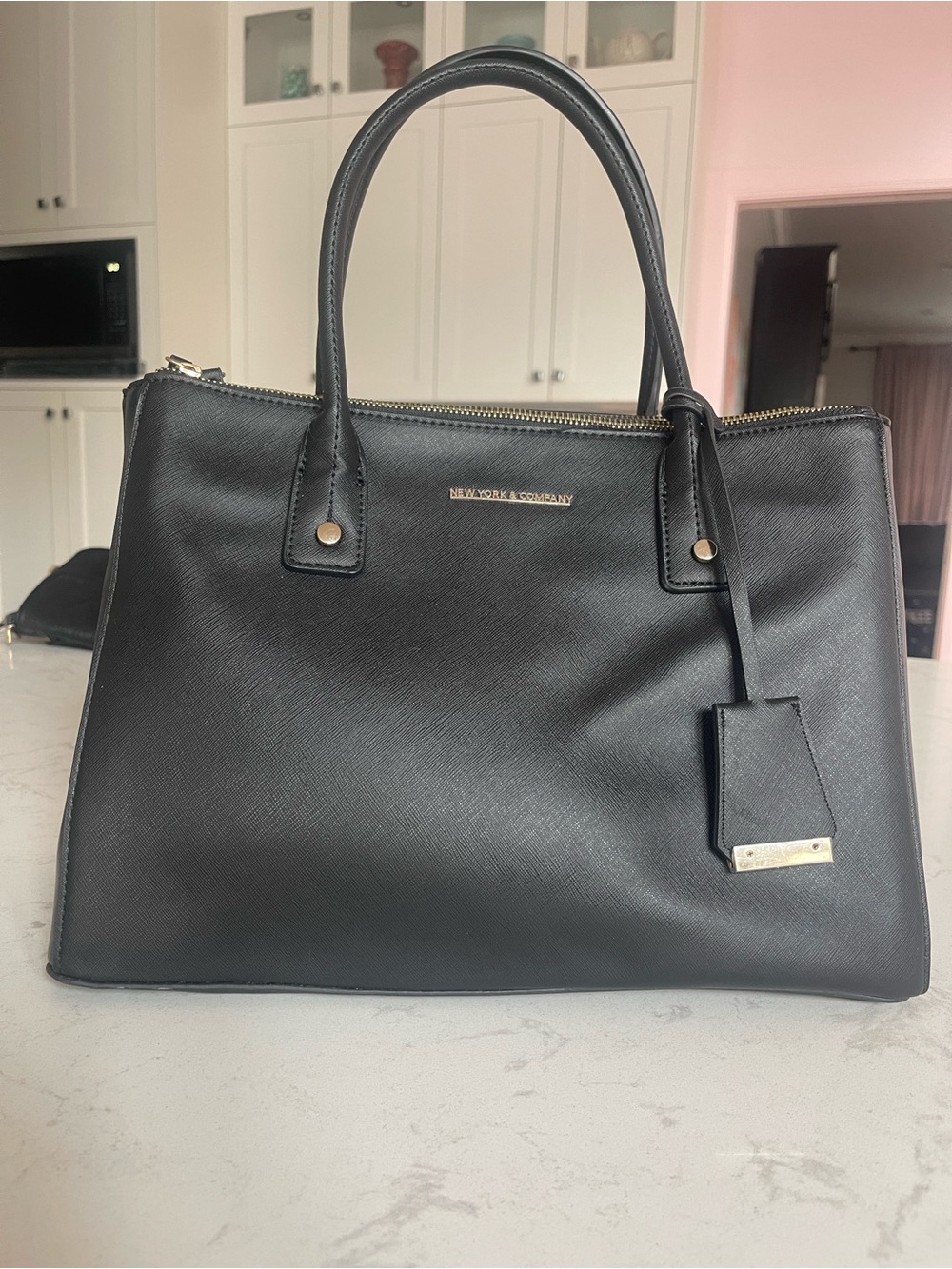 New York & Company Black Saffiano Satchel with Gold Accents